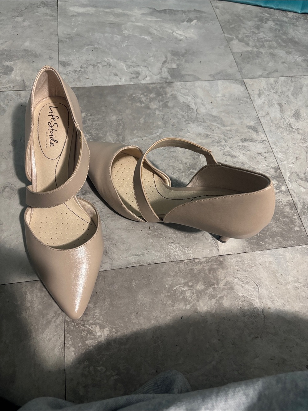 Life Stride Beige Pointed-Toe Mary Jane Kitten Heels